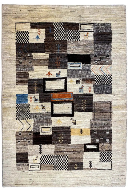 Gabbeh rug with patchwork squares and blue and orange color accents