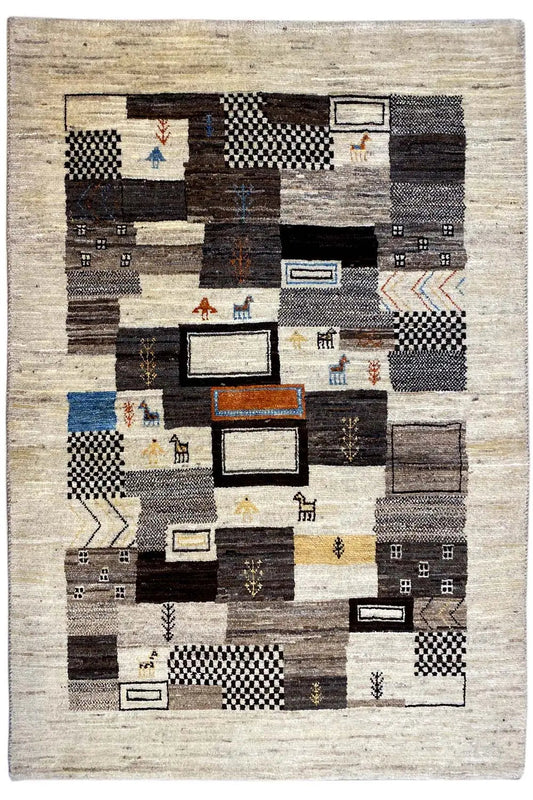 Gabbeh rug with patchwork squares and blue and orange color accents
