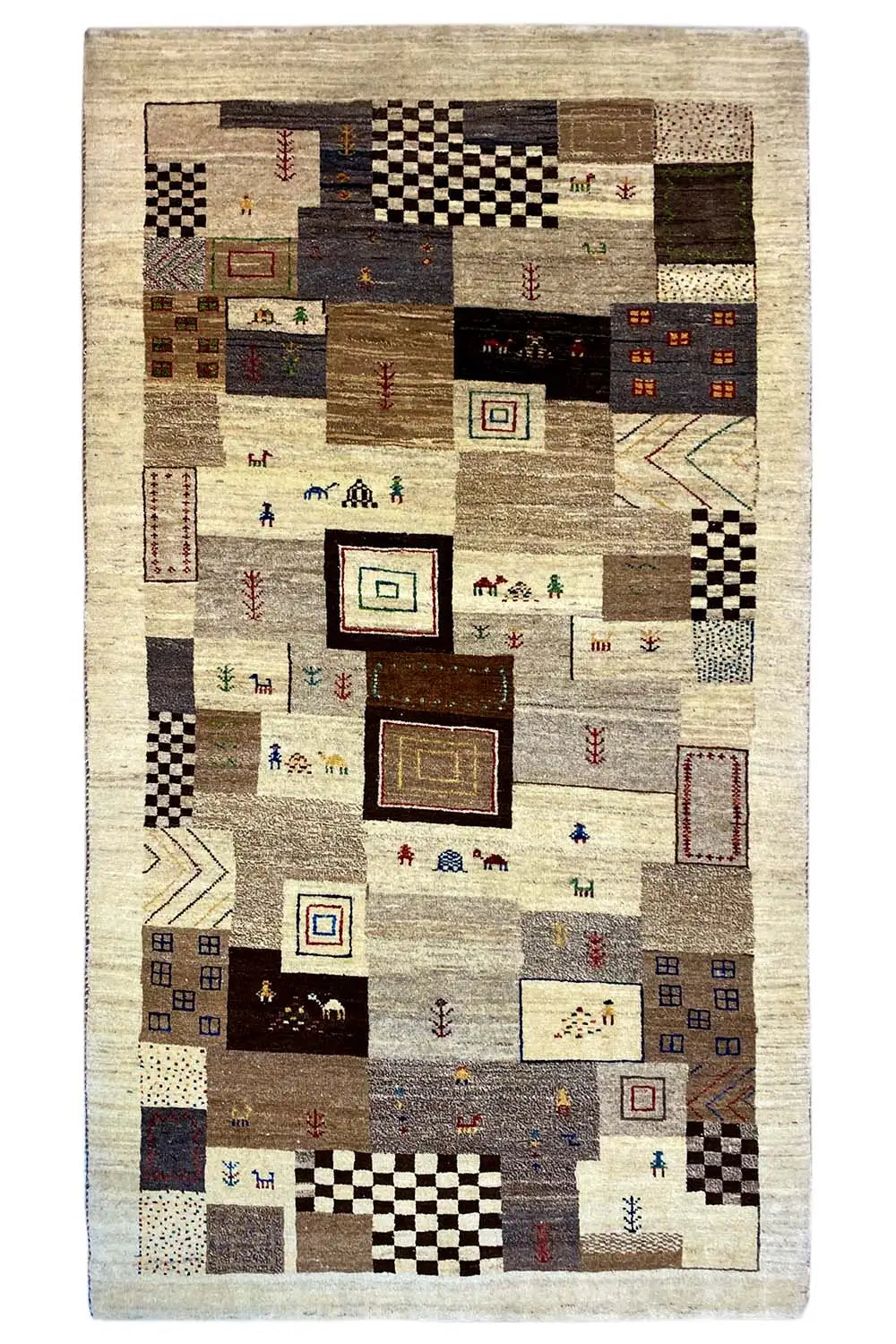 Lori gabbeh rug with beige background and geometric patchwork pattern, 179x96 cm