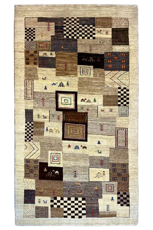 Lori gabbeh rug with beige background and geometric patchwork pattern, 179x96 cm