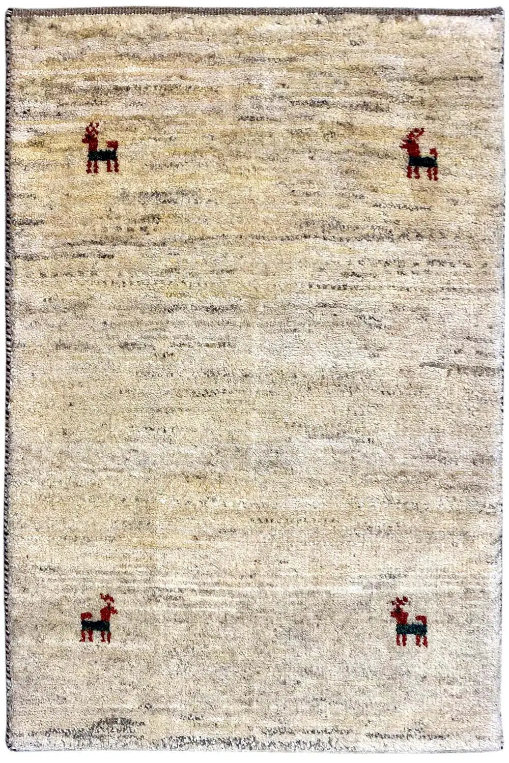 Gabbeh rug 96x60 cm: beige pile with red animal motifs and a bordered edge