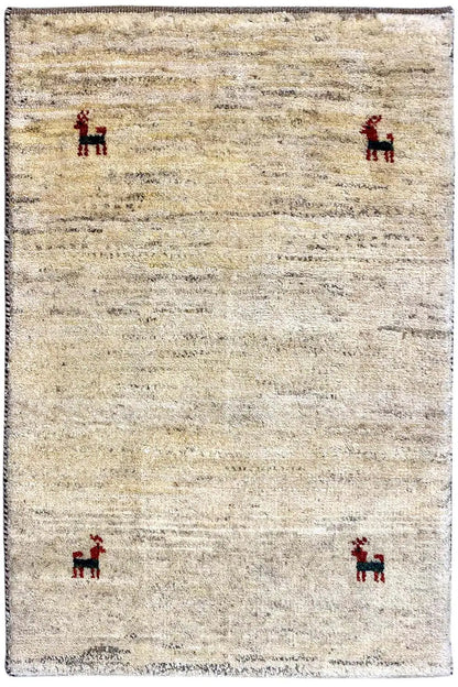 Gabbeh rug 96x60 cm: beige pile with red animal motifs and a bordered edge
