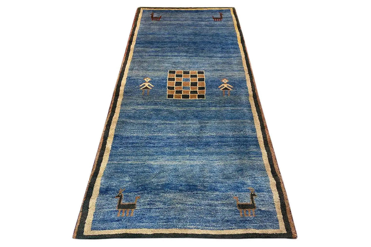 Gabbeh rug 272x117 cm: blue, beige border, geometric figures