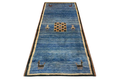 Gabbeh rug 272x117 cm: blue, beige border, geometric figures