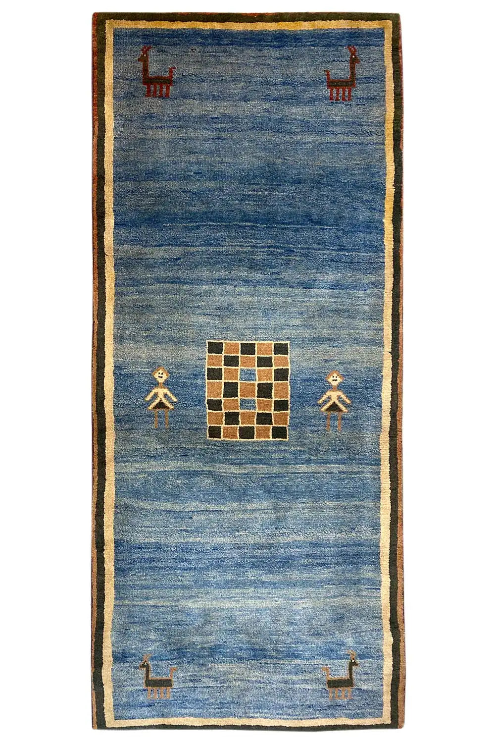 Blue Gabbeh rug with beige border, figures, and medium square pattern