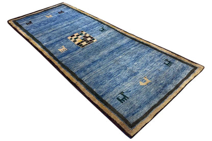 Blue Gabbeh rug, rectangular, beige border and central checkered square