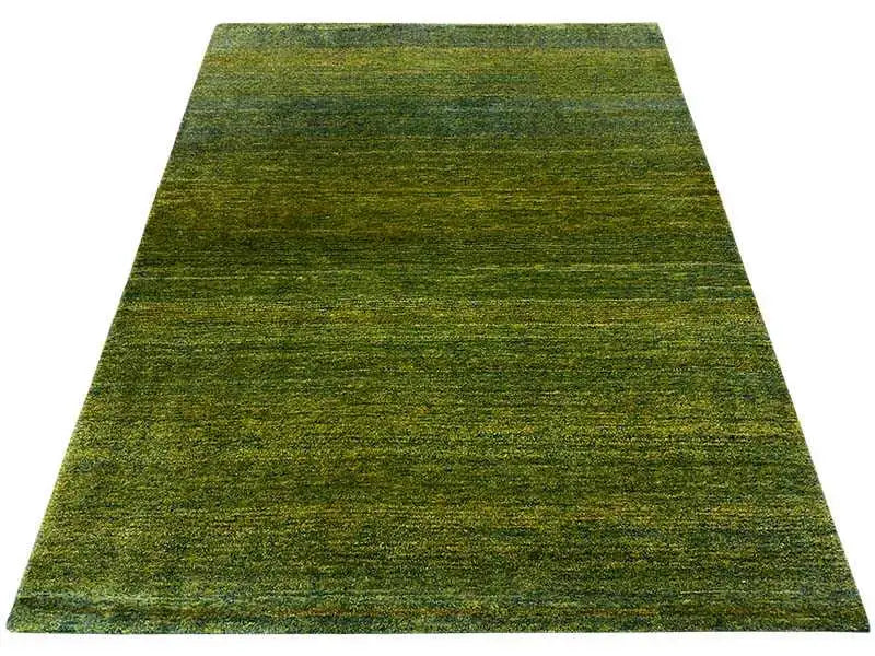 Green Gabbeh rug with a fine, irregular texture, 201x143 cm