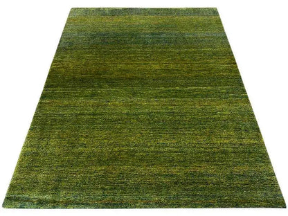 Green Gabbeh rug with a fine, irregular texture, 201x143 cm
