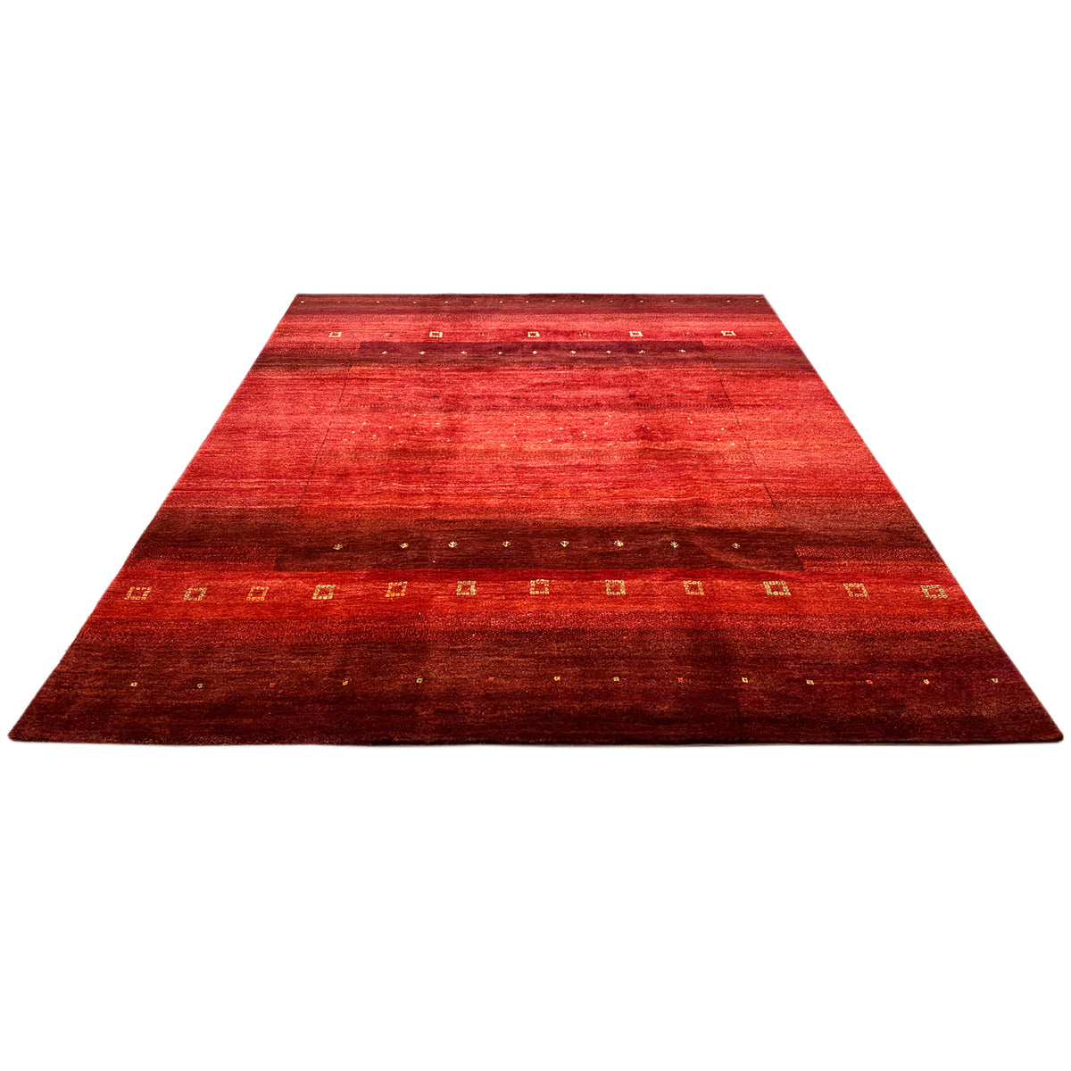 Hand-knotted Gabbeh rug, rectangular red area with dark horizontal stripes