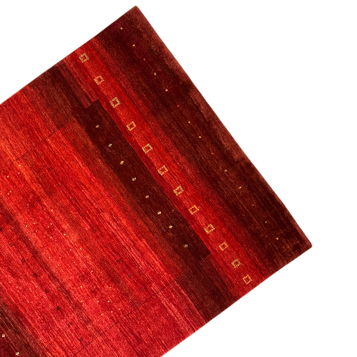 Gabbeh rug detail: red border, dark stripes, and golden linear motifs