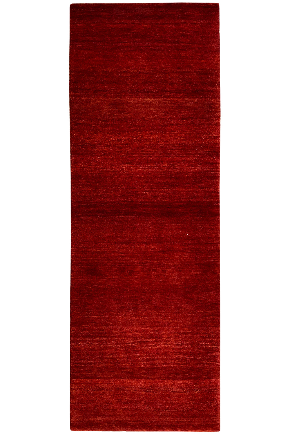 Gabbeh runner rug front view: dark red runner with horizontal bands