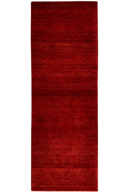 Gabbeh runner rug front view: dark red runner with horizontal bands