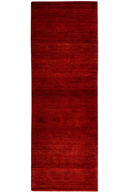 Gabbeh runner rug front view: dark red runner with horizontal bands