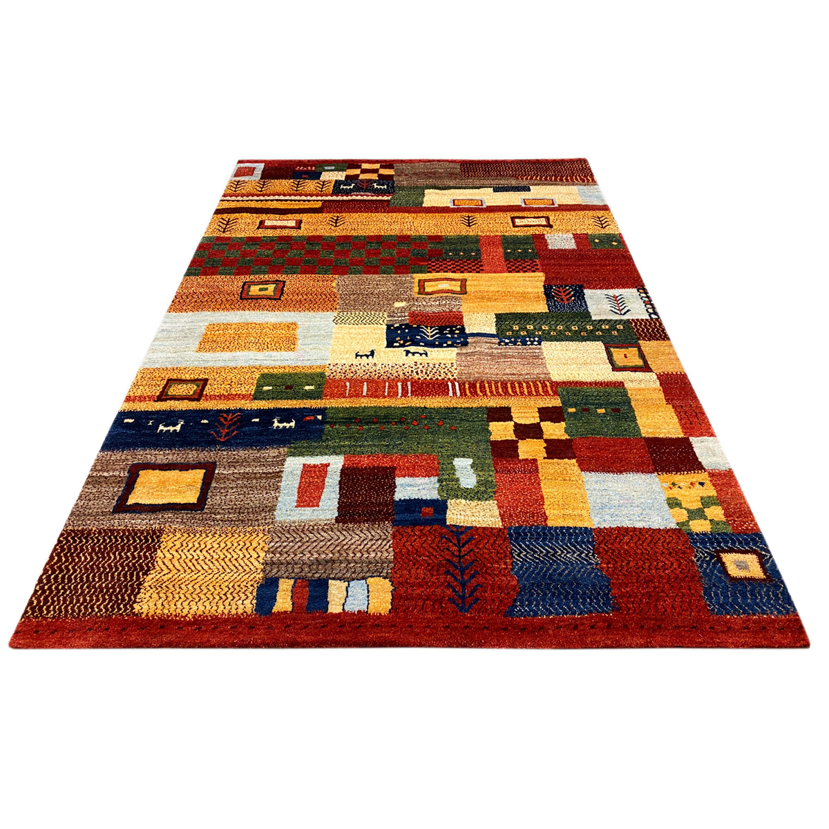 Gabbeh rug with patterned patchwork in shades of red, yellow, blue, and green, flat-weave