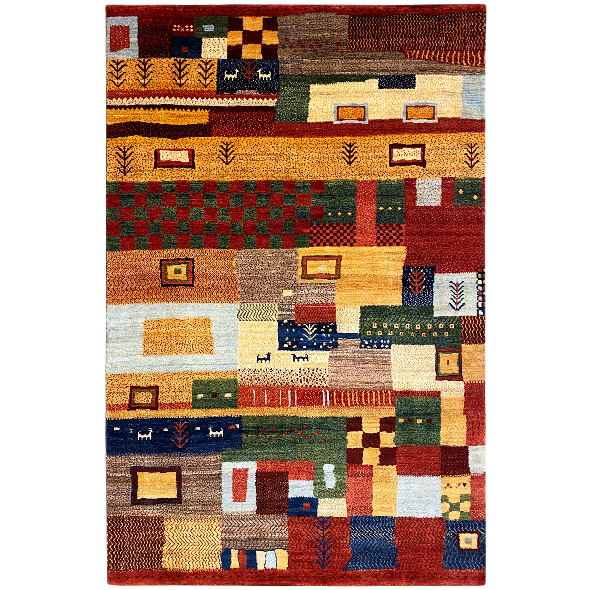 Hand-knotted Gabbeh rug with geometric patchwork in red, yellow, blue, and green