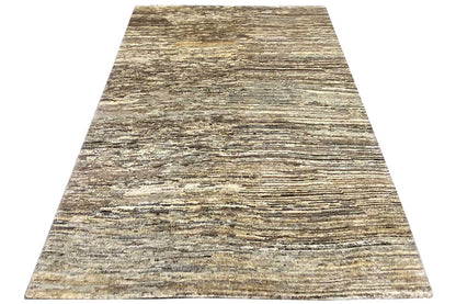 Gabbeh rug in natural tones, slightly trapezoidal perspective, horizontal line design