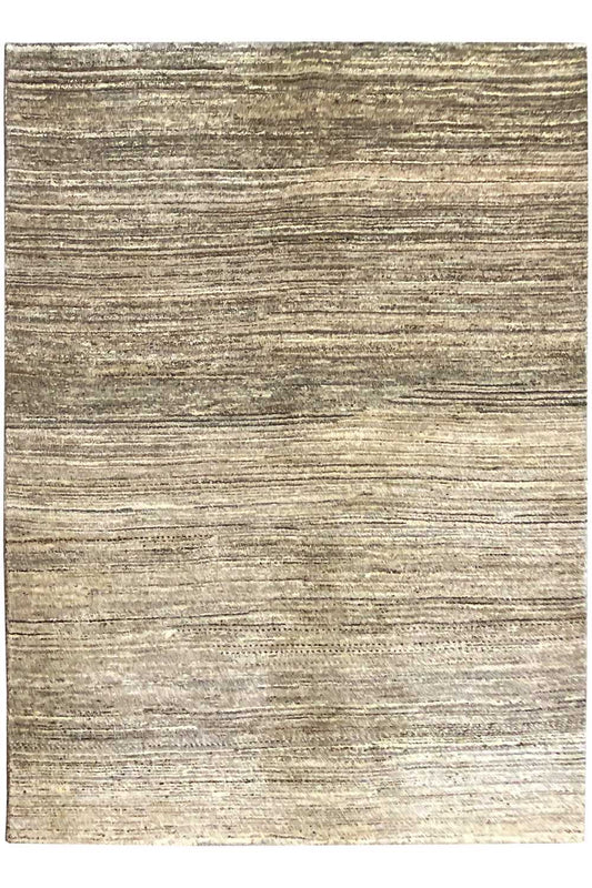 Square Gabbeh rug, beige fabric with horizontal gray-brown stripes