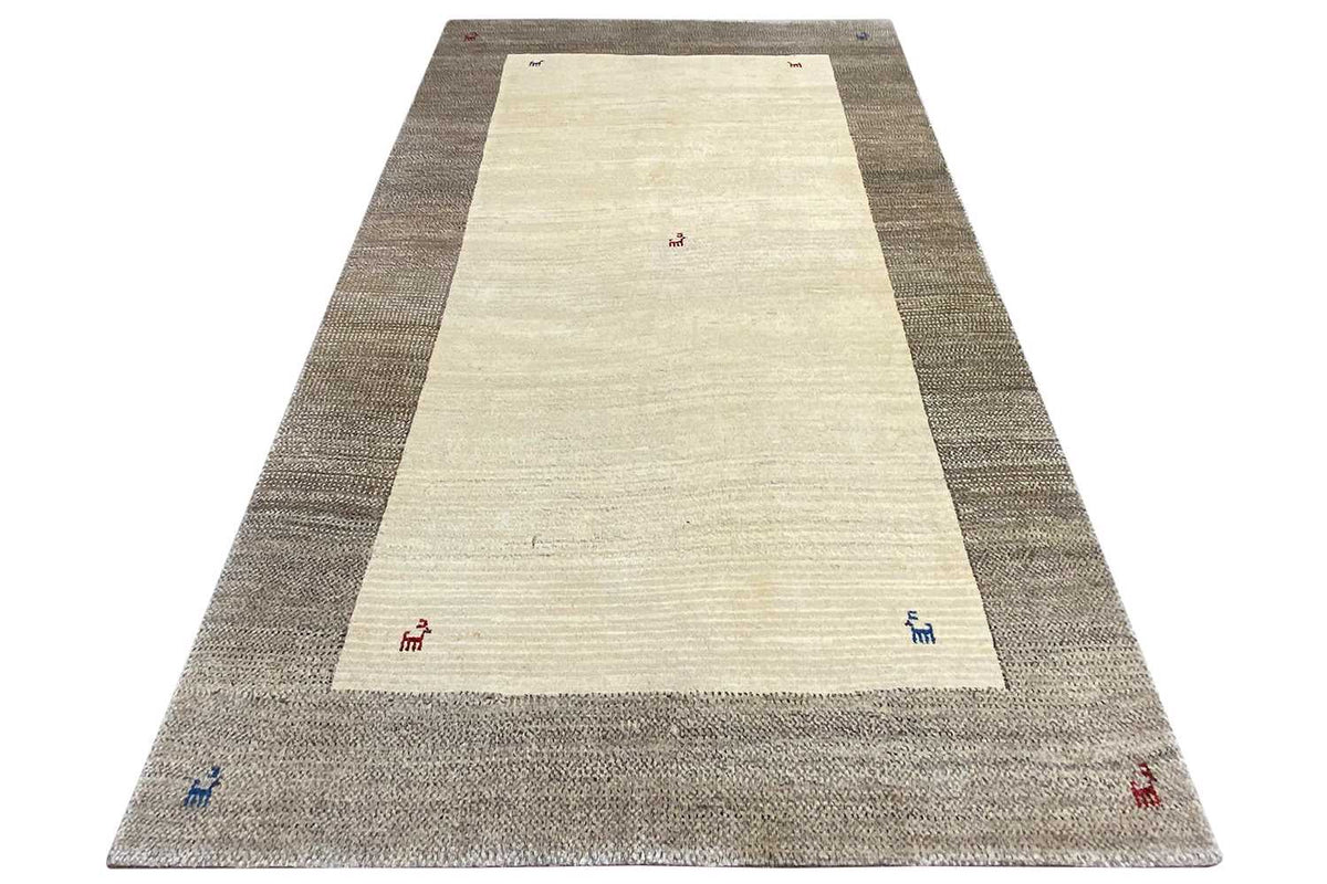 Rug with a beige center, gray side stripes, and small colorful motifs