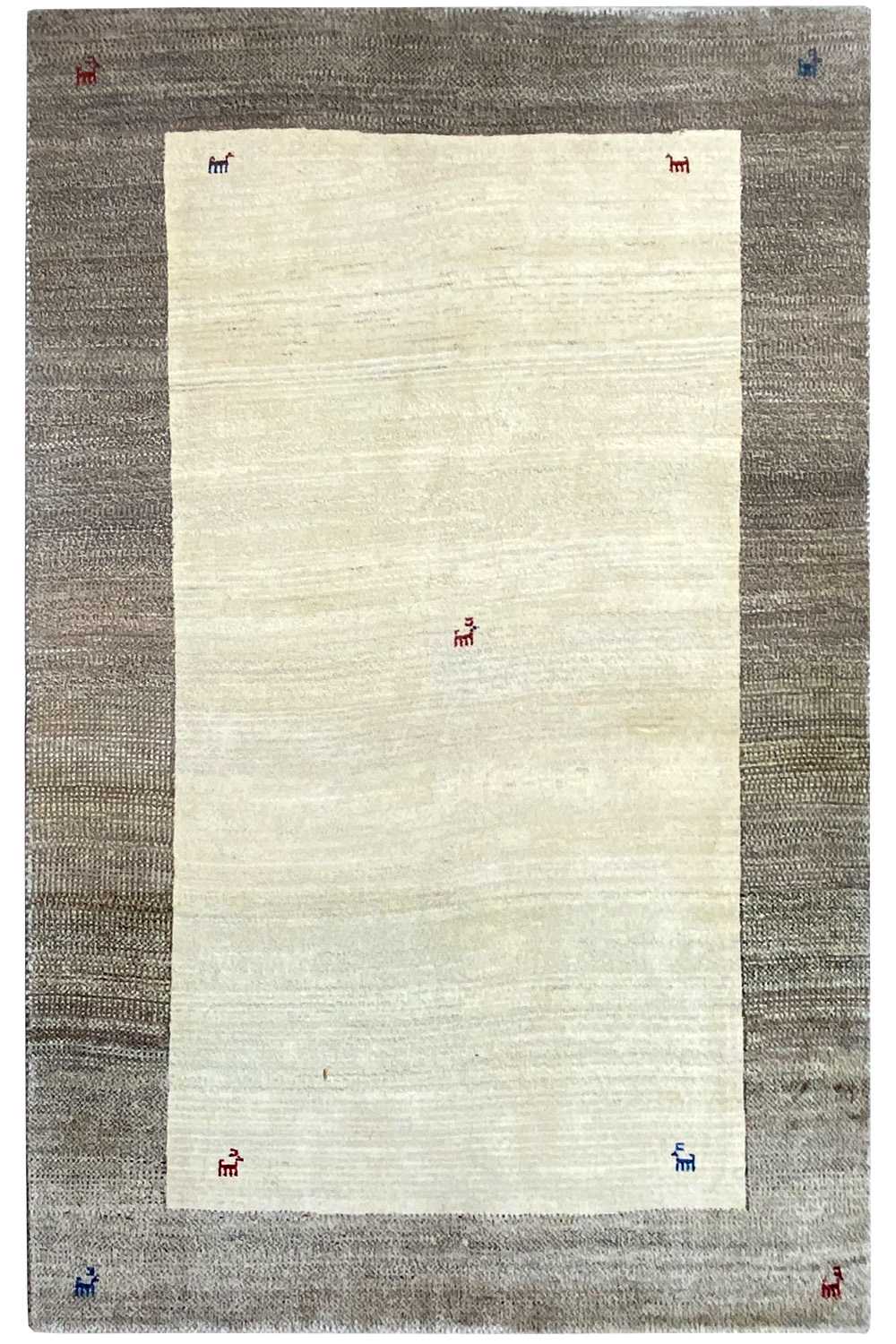 Rectangular Gabbeh rug: beige center, gray border, and subtle colorful symbols