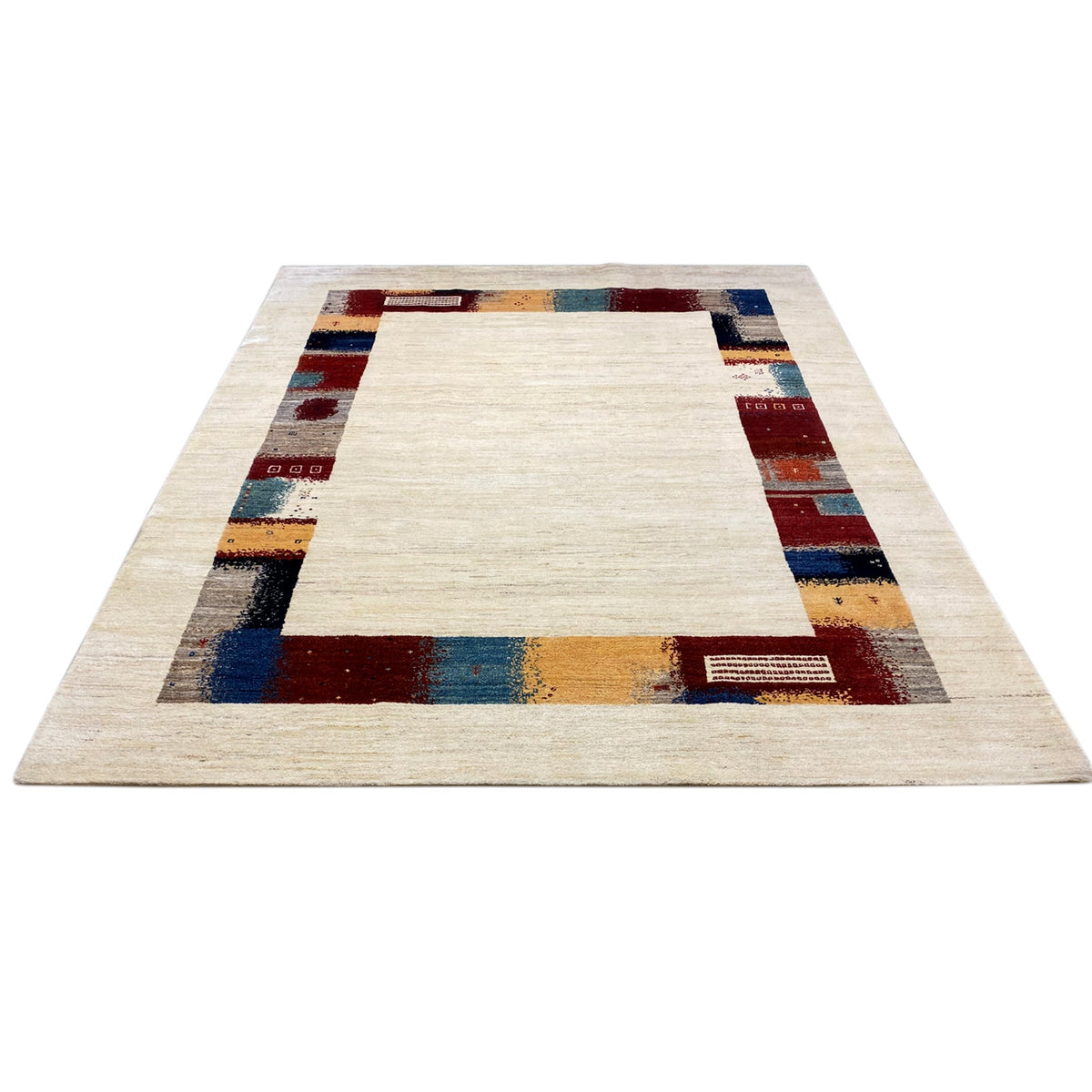 Hand-knotted Gabbeh rug with a cream-colored central field and multicolored border pattern