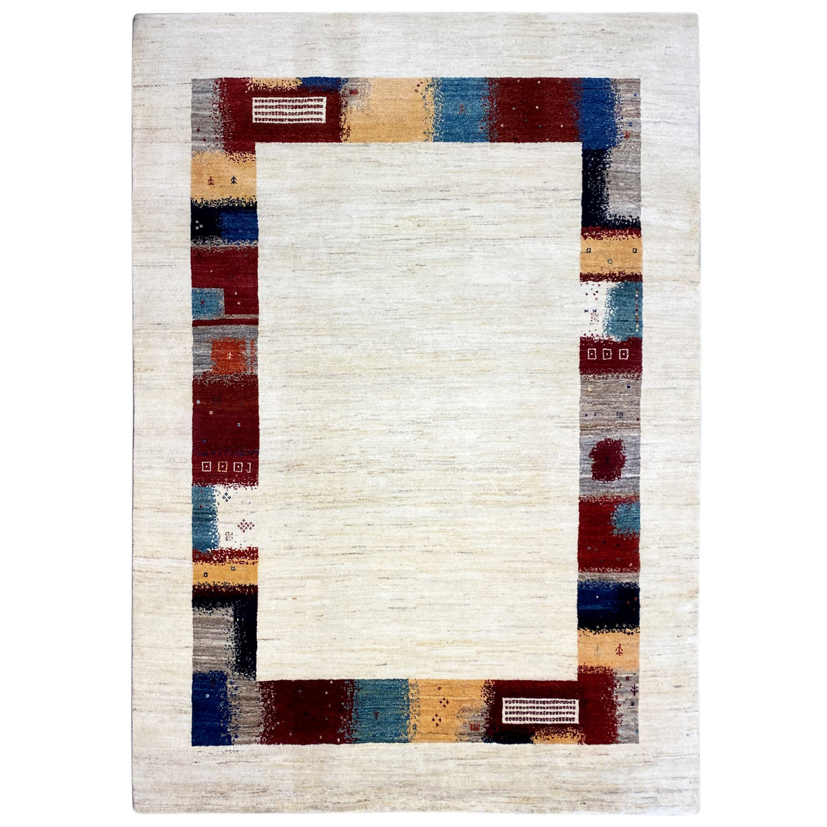 Hand-knotted square Gabbeh rug with a cream-colored central motif and multicolored corner border