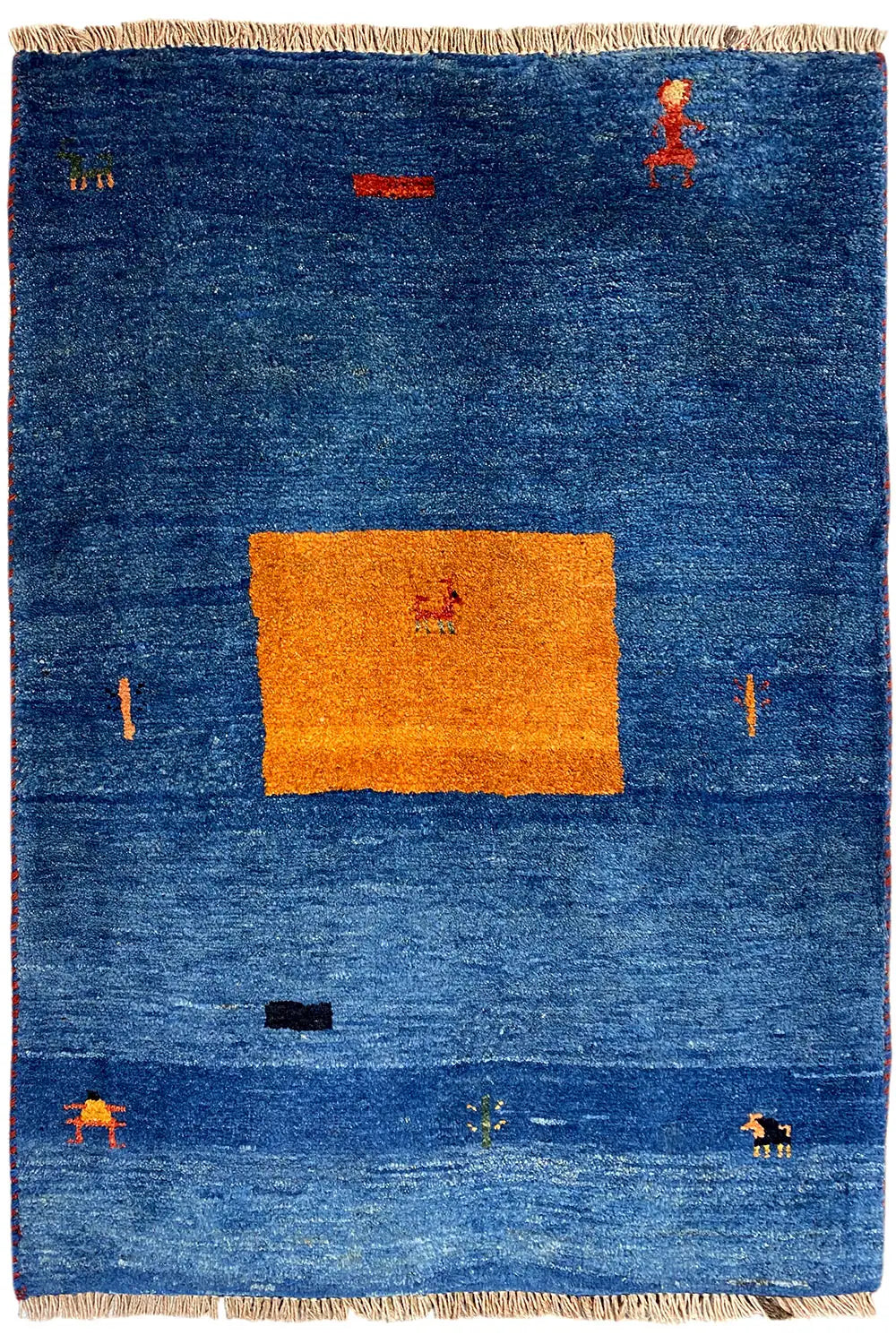 Blue Gabbeh rug with an orange rectangular pattern and colorful figures, with fringes all around