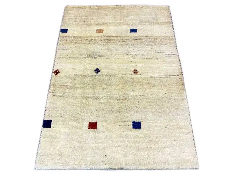 Gabbeh rug 119x84 cm, light beige with blue and red squares