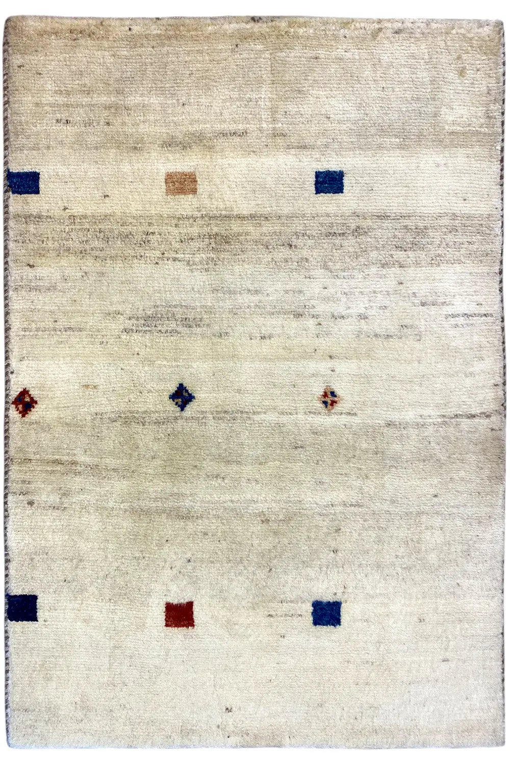 Gabbeh rug 119x84 cm, light beige with blue, red and brown decorative elements