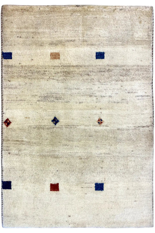 Gabbeh rug 119x84 cm, light beige with blue, red and brown decorative elements