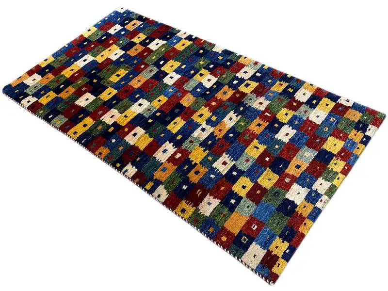 Gabbeh rug 150x79 cm with square patchwork in blue, red, yellow, green and cream.