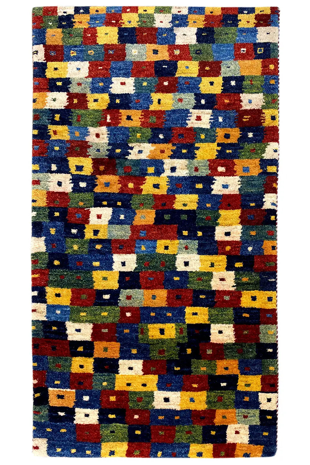 Gabbeh rug 150x79 cm, rectangular with colorful patchwork of squares in blue, red, yellow, and green.