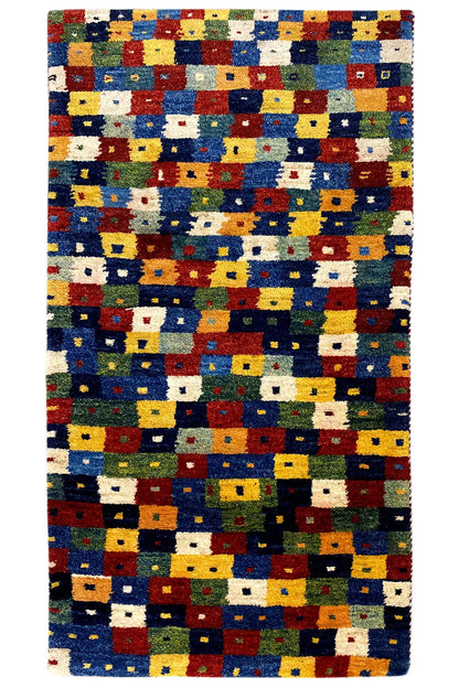 Gabbeh rug 150x79 cm, rectangular with colorful patchwork of squares in blue, red, yellow, and green.