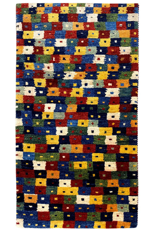 Gabbeh rug 150x79 cm, rectangular with colorful patchwork of squares in blue, red, yellow, and green.