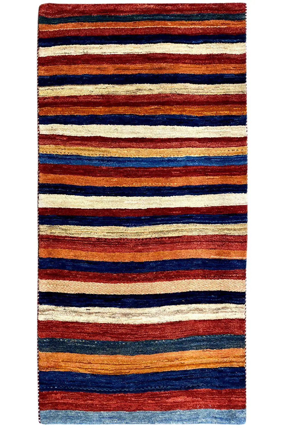 Gabbeh rug with a broad striped pattern in red, blue, orange, and cream