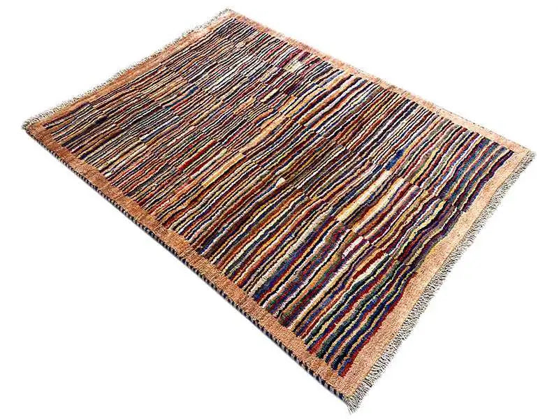 Rectangular rug with a multicolored striped weave and short fringes