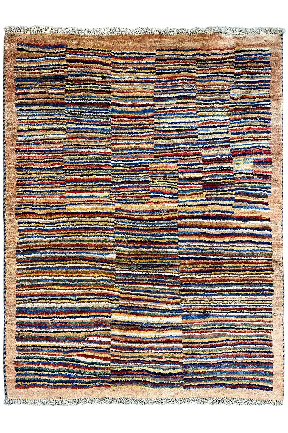 Rectangular rug with geometric patchwork of multicolored strips and fringes