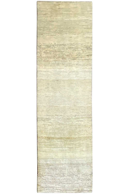 Gabbeh rug, straight-on view, mottled light beige with fine lines, 299x84 cm