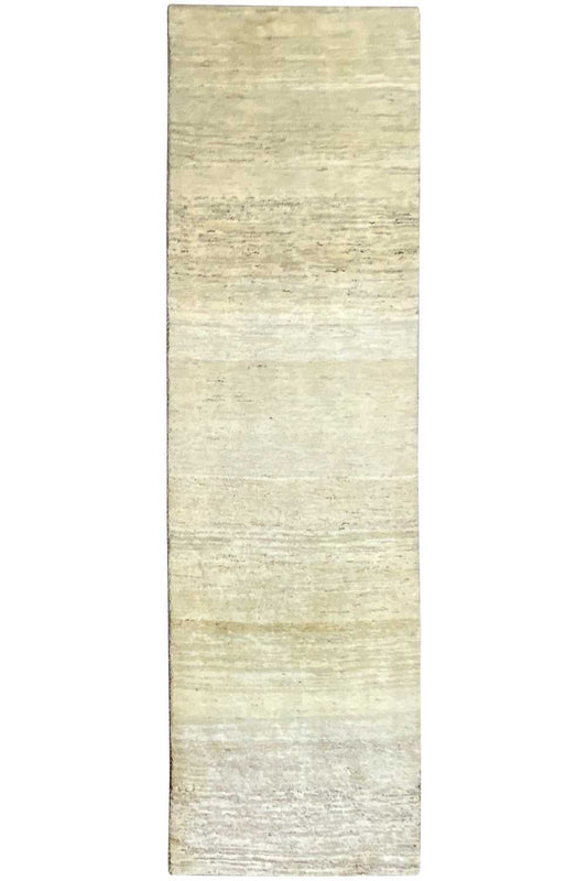 Gabbeh rug, straight-on view, mottled light beige with fine lines, 299x84 cm