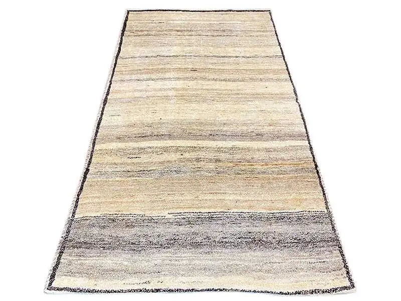 Gabbeh rug with beige and gray stripes, rectangular, visible edges