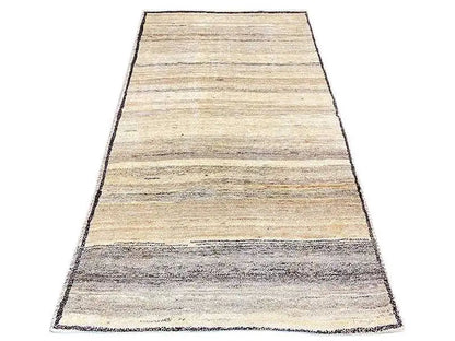 Gabbeh rug with beige and gray stripes, rectangular, visible edges