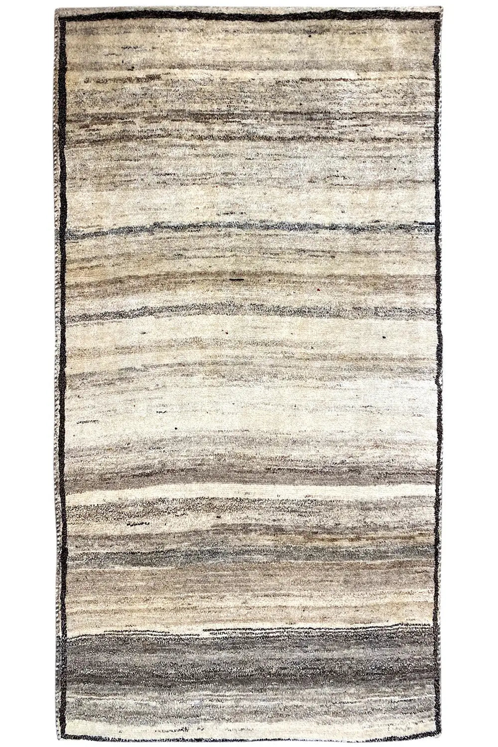Rectangular Gabbeh rug with beige and gray horizontal stripes, dark border