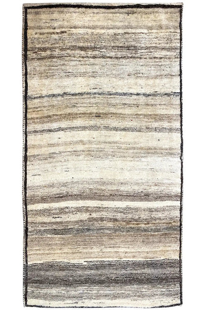 Rectangular Gabbeh rug with beige and gray horizontal stripes, dark border