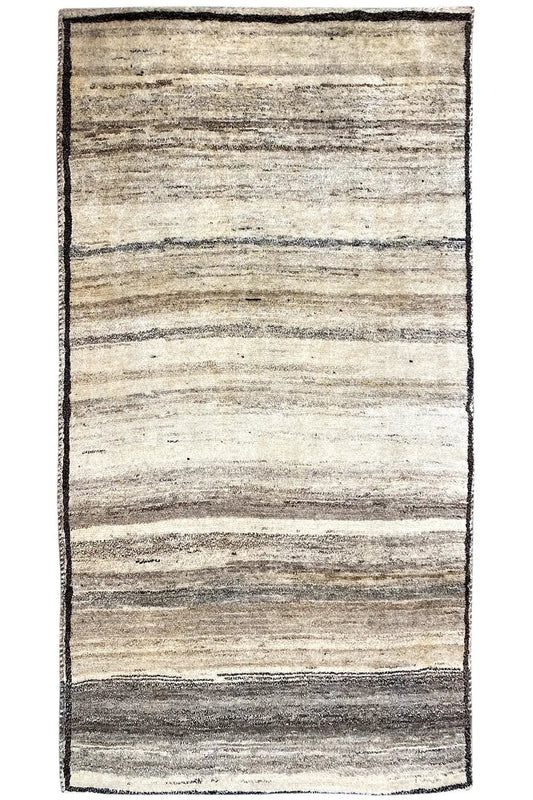 Rectangular Gabbeh rug with beige and gray horizontal stripes, dark border