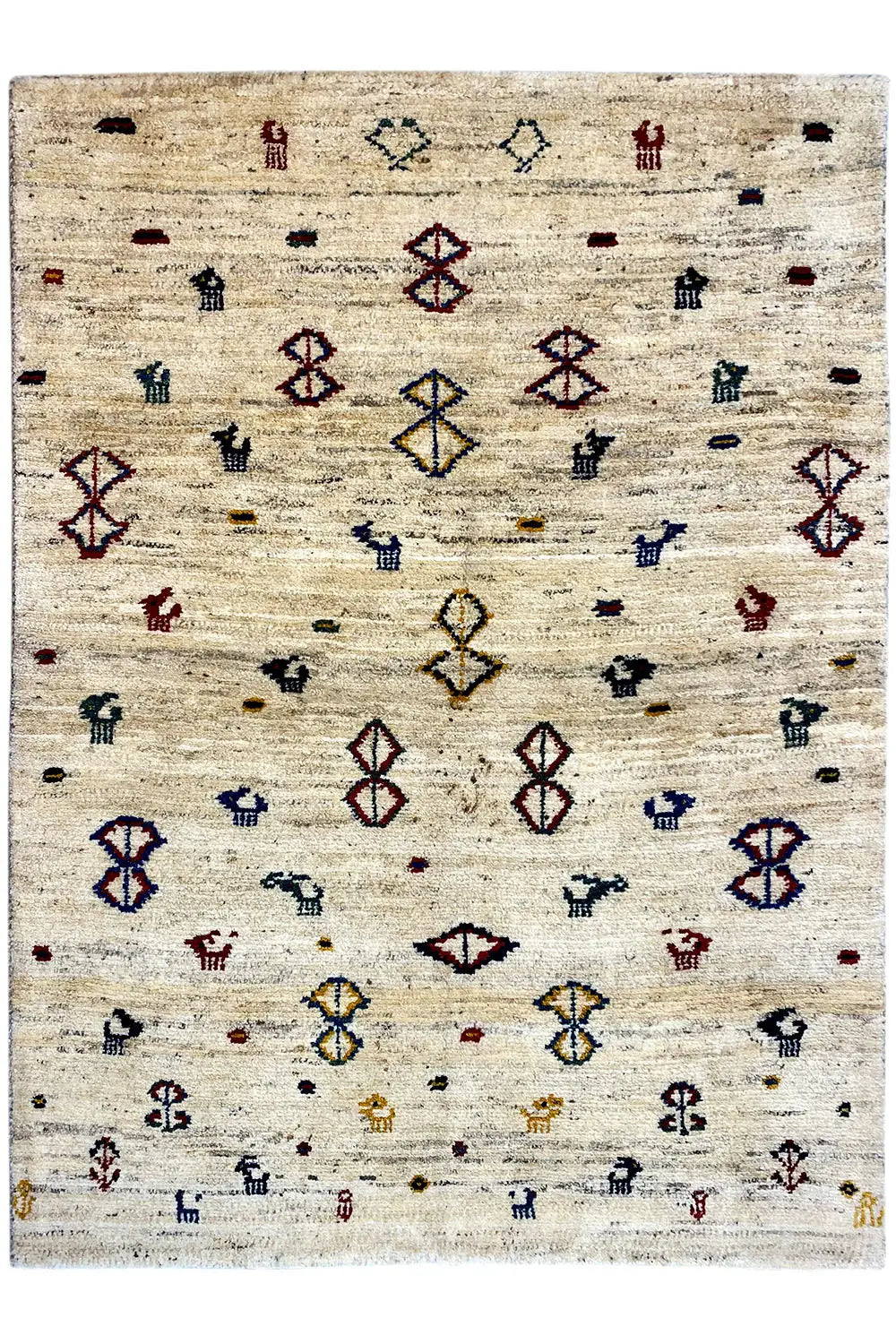 Gabbeh rug 164x116 cm rectangular, beige pile with small multicolored symbols
