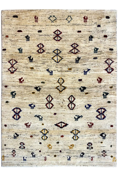 Gabbeh rug 164x116 cm rectangular, beige pile with small multicolored symbols