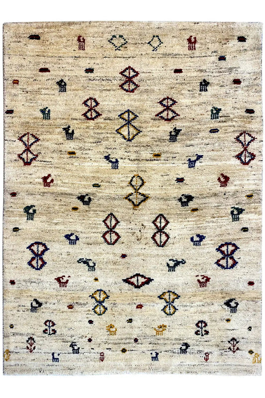 Gabbeh rug 164x116 cm rectangular, beige pile with small multicolored symbols