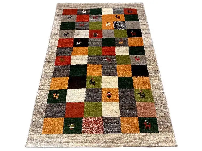 Gabbeh rug (149x96 cm) with patchwork squares and animal motifs, multicolored