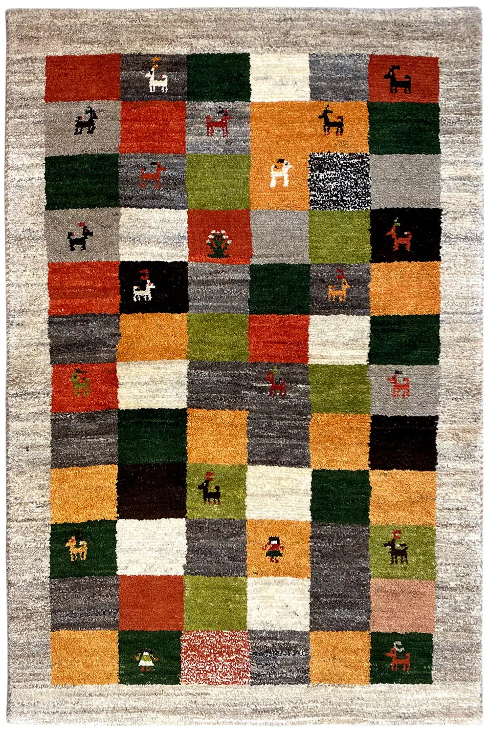 Gabbeh rug (149x96 cm), front view with square patchwork and animal motifs
