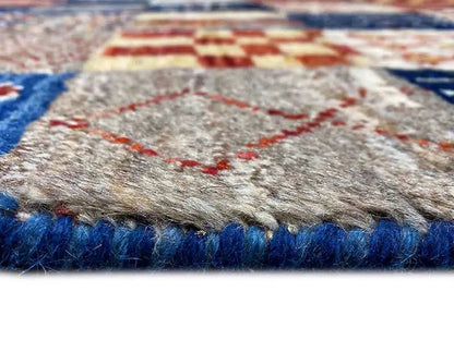 Gabbeh rug edge finish with fringes and a dense woven edge, multicolored