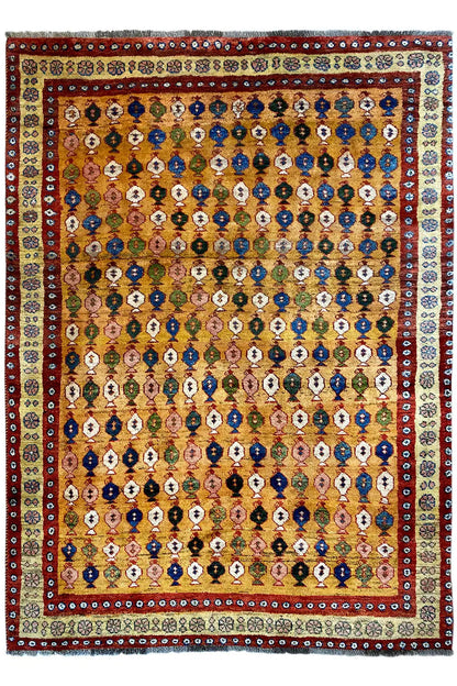 Square Gabbeh rug with a blue central medallion and colorful small-scale pattern, bordered